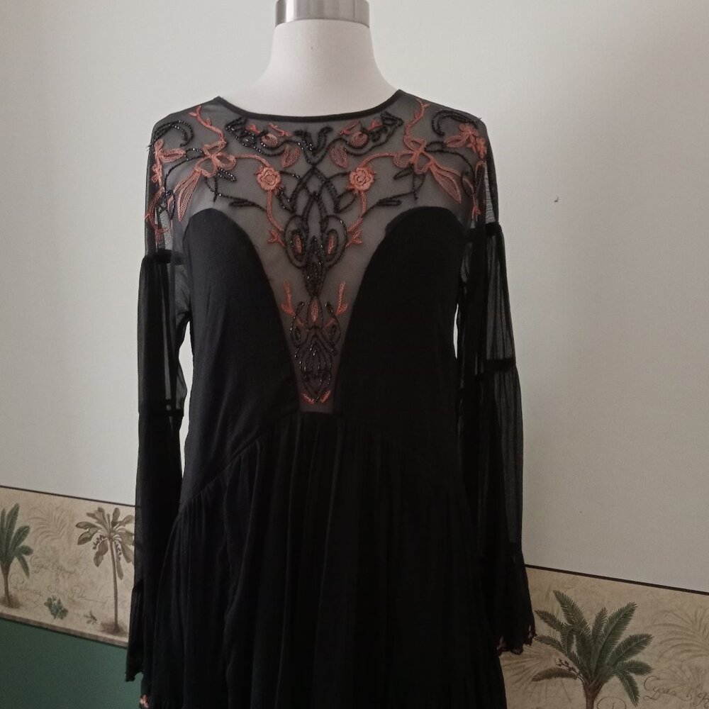 Free People Black and Pink Fairy Dress 70s Inspired Embroidery Beading